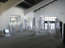 barbara taboni, standing feet, installation, chalk, cardboard, video, variable size, 2005