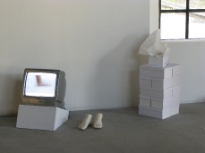 barbara  taboni, standing feet, installazione, gesso, cartone, video, dimensioni variabili, 2005 (part.)