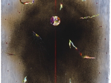 davide zucco, a strange with a message, pittura ad olio, incisione, vernice spray su pannello con foglio di alluminio, 2012 - courtesy dell'artista