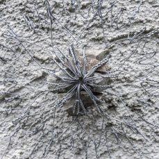 marta allegri, all\'ombra del toc, rete metallica e pietre, 3,40x3,70 mt, 2014 - installazione sulla parete di una casa di casso (dettaglio)- foto giacomo de donà